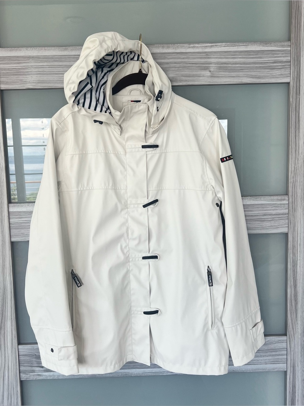 Light Cream Hooded Jacket with Striped Lining
